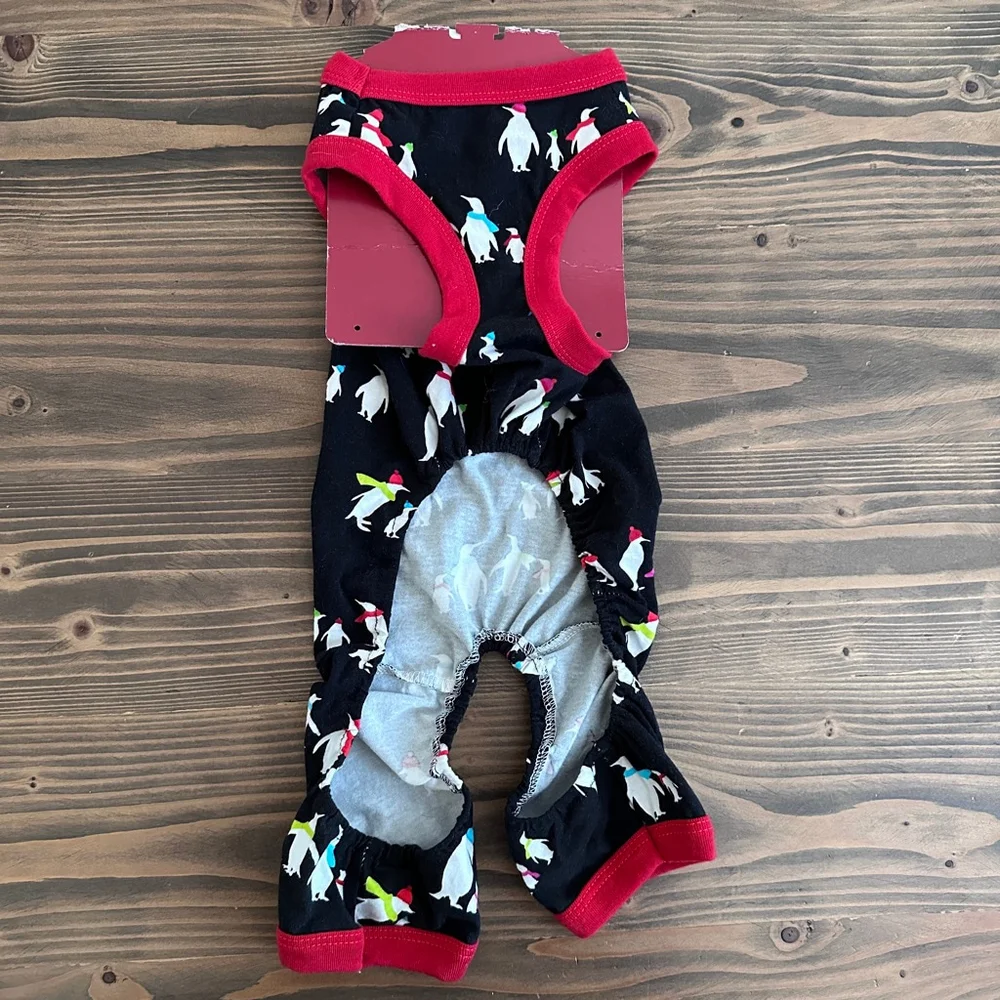 Dog Pajamas Penguin Print Black Red Pet Bodysuit Size Small
